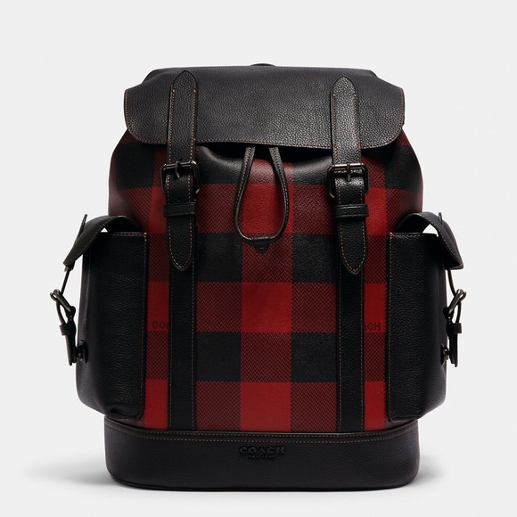 New Coach Unisex Hudson XL Drawstring Backpack in Red Black Buffalo Plaid Print - Picture 4 of 17